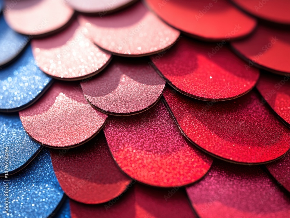 Poster abstract close-up of overlapping glittery scales in blue pink and red tones creating a vibrant textu