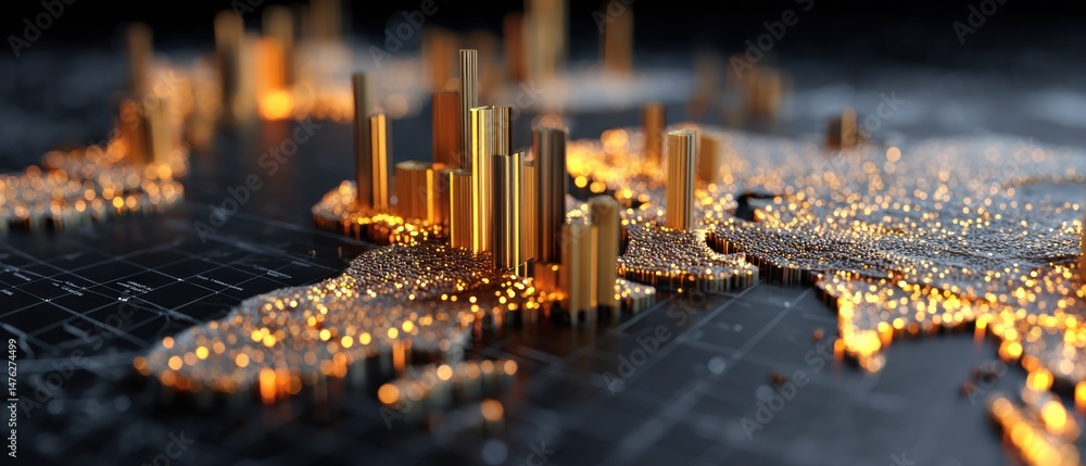 Poster global data visualization of world map with golden skyscrapers
