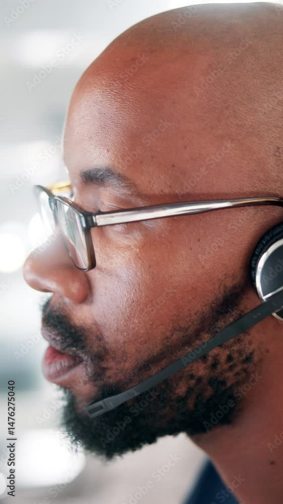 Poster Communication, contact us and headset with black man in call center for advice or service. Consulting, customer support and microphone with agent in workplace as virtual assistant for online feedback