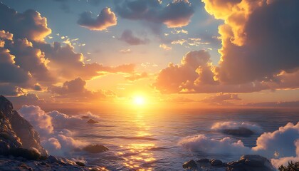 A breathtaking sunset over the ocean with fluffy clouds glowing in warm tones and a rocky shoreline