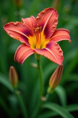 Vibrant daylily, intense color Soft focus evergreen backdrop , botany, vibrant
