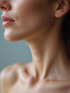 Mature caucasian female with healthy skin closeup of jawline and neck