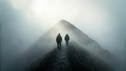 Two hikers walk along a misty mountain ridge, surrounded by fog and dramatic scenery.