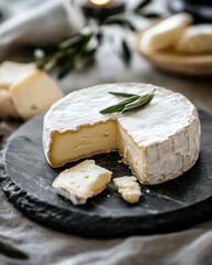 Brie cheese wheel cut on black slate plate with rosemary garnish still life close up food photography