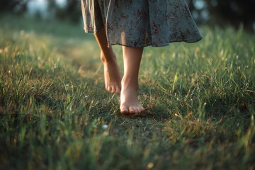Woman Walking Barefoot on Grass Embracing Nature and Grounding in Serene Outdoor Environment