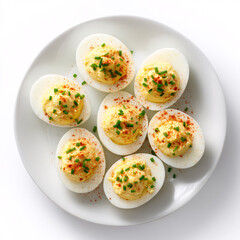 Classic Deviled Eggs with Paprika and Chives on White Plate
