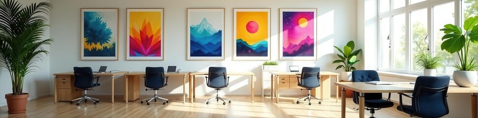 Fototapeta premium Bright open-plan office, framed artwork adds color, contemporary, clean
