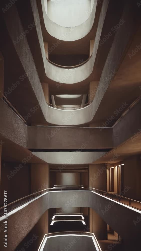 Poster view of a building interior featuring multiple levels and geometric shapes from below, showing the s
