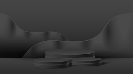 Abstract minimal scene. Minimal podium with soft material base. Soft podium stages and product showcase platform with covers and golden in round and square shape. 