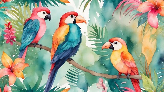 Tropical Paradise: A watercolor illustration of three vibrant parrots perched among lush, colorful tropical flowers and foliage. Capturing the beauty and serenity of the rainforest.