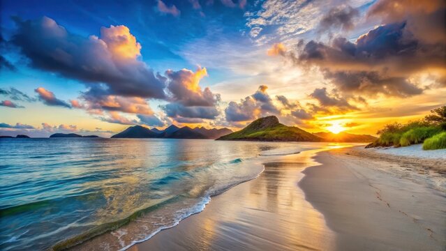 Serene beach landscape at sunset over Bleik Beach Panorama in Andoya Island, landscape, sunsets,  landscape, sunsets, nature