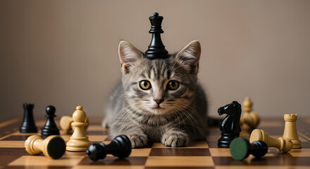 Cute Kitten with Chess Queen on Head on Chessboard