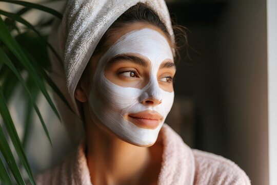 Young woman with skincare mask in a cozy setting focusing on self-care and beauty routine for glowing skin
