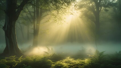 A calming forest scene with glowing sunlight rays and morning mist, peaceful atmosphere, perfect for mindfulness and mental healing