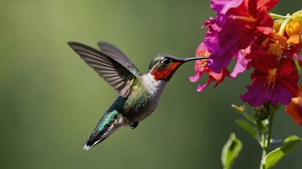 Hummingbird's Nectar Feast: A hummingbird hovers delicately mid-air near vibrant flower, with wings a blur, showcasing nature's beauty and the miracle of flight.