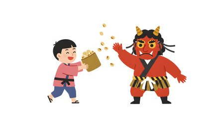 Joyful Boy Throwing Beans at a Friendly Oni Demon - Setsubun Illustration