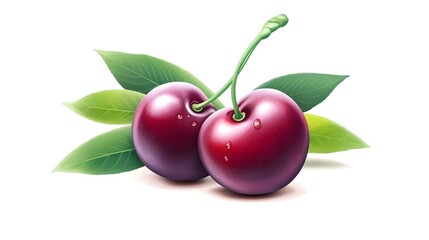 Obraz premium Close-up illustration of two ripe cherries with leaves.