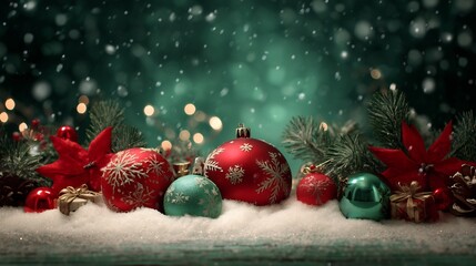Festive Christmas background with snowflakes red and green decorations and glowing holiday lights creating a joyful scene overlay cut out on isolated transparent removed background