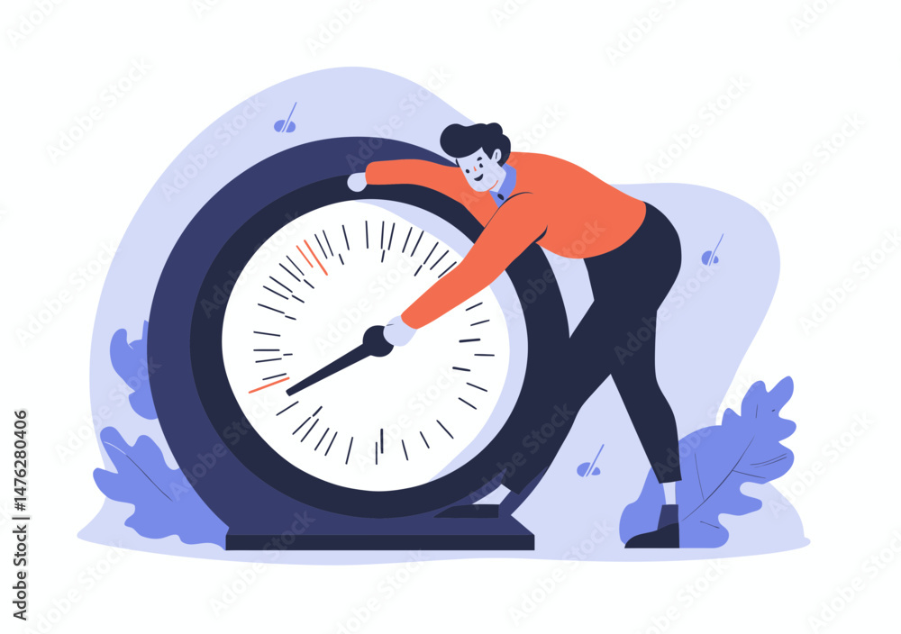 Poster businessman adjusting large clock timer minimal flat vector illustration time management concept pro