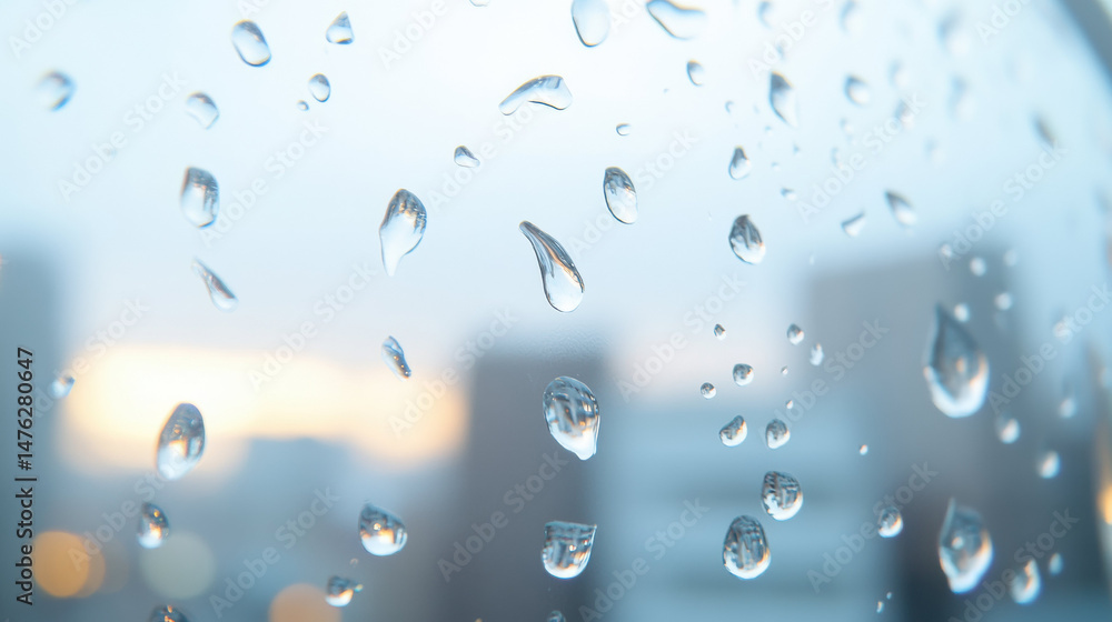 Poster Raindrops on glass window with blurred cityscape in background create serene and refreshing atmosphere, emphasizing hydration and daily connection to nature