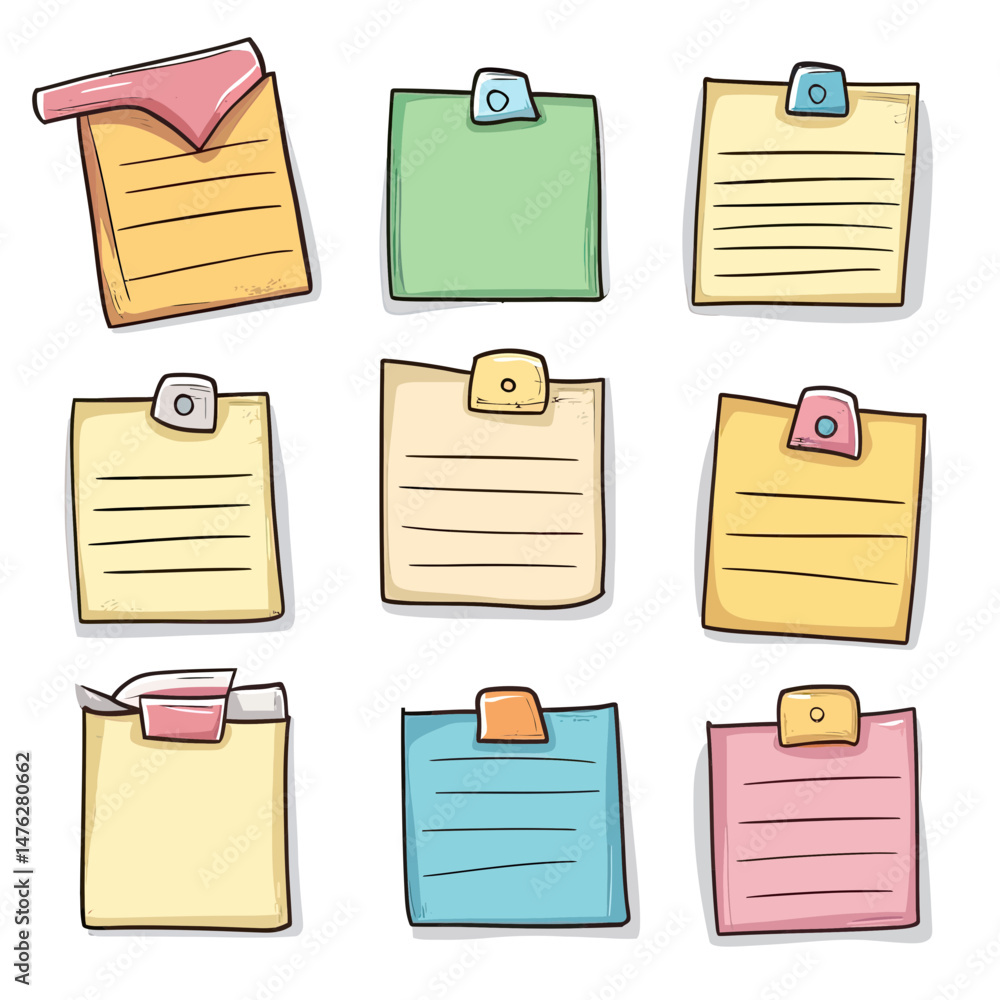 Poster hand drawn colorful sticky notes set with paper pins and clipped reminders lined for text message do
