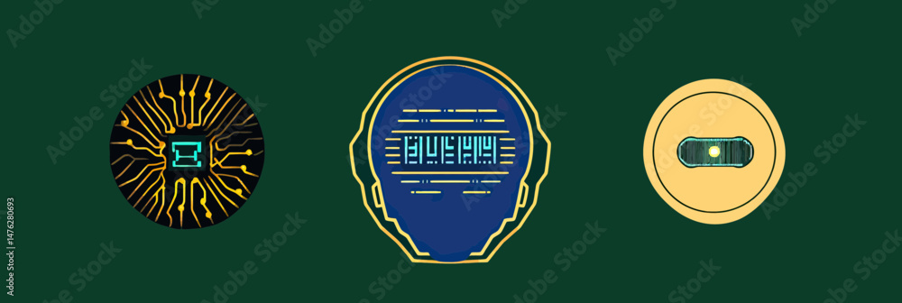 Poster set of minimalistic artificial intelligence icons with head circuit brain and robot eye in flat vect