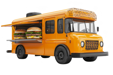 Vintage food truck serving large hamburgers. Png, Transparent background.