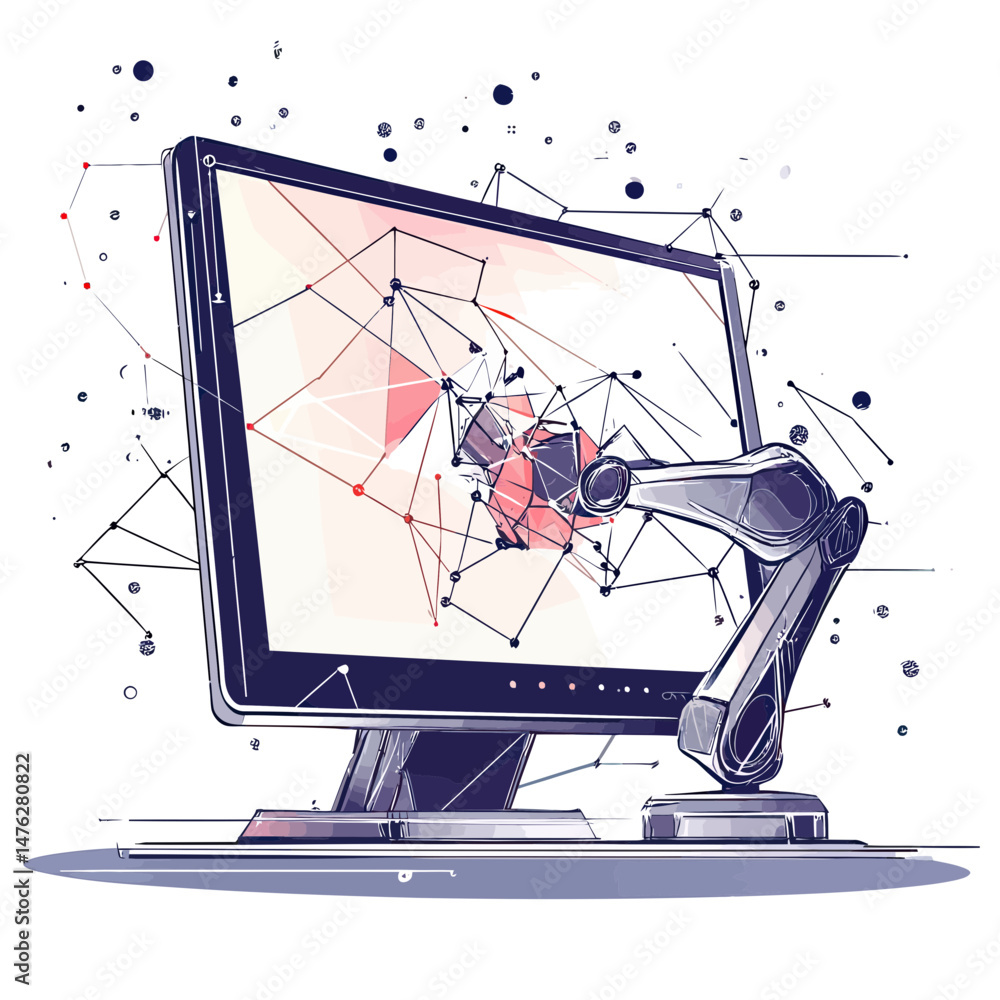 Poster abstract computer monitor with robotic arm interacting with geometric digital network, technology in