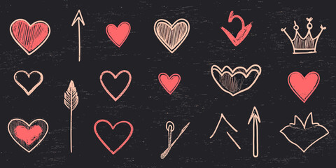 Hand drawn red and beige heart shapes, arrows, crown, and decorative scribble elements chalkboard style vector set for love and romance design themes