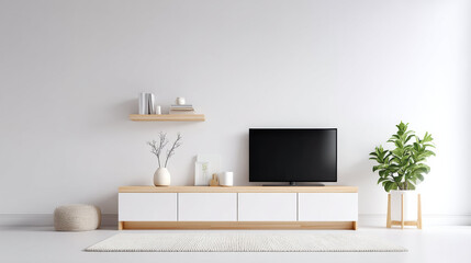 Modern TV cabinet minimalist living room white wall wooden shelf flat screen television indoor plant decorative vase cozy rug natural light calm atmosphere