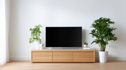 Fototapeta premium Modern wooden TV cabinet with flat screen television, green indoor plants, and minimalist decor in bright living room, creating calm and inviting atmosphere