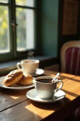 Fototapeta premium Coffee cups, pastries, vintage wood table Cozy morning scene , bakery, cozy, cups