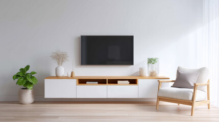 Modern TV cabinet wooden shelf wall mounted minimalist living room indoor plant armchair neutral color sunlight cozy contemporary style