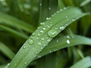After a warm spring rain on the wide or narrow leaves of a flower bed, in a garden or flower beds, the leaves collect droplets of moisture in transparent balls