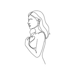 Woman embracing heart symbolizing self-love in minimalist style  