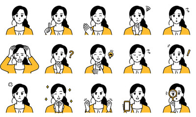 表情とポーズで感情を表すビジネスカジュアルな女性のイラストセット