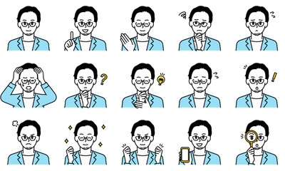 表情とポーズで感情を表すビジネスカジュアルな男性のイラストセット