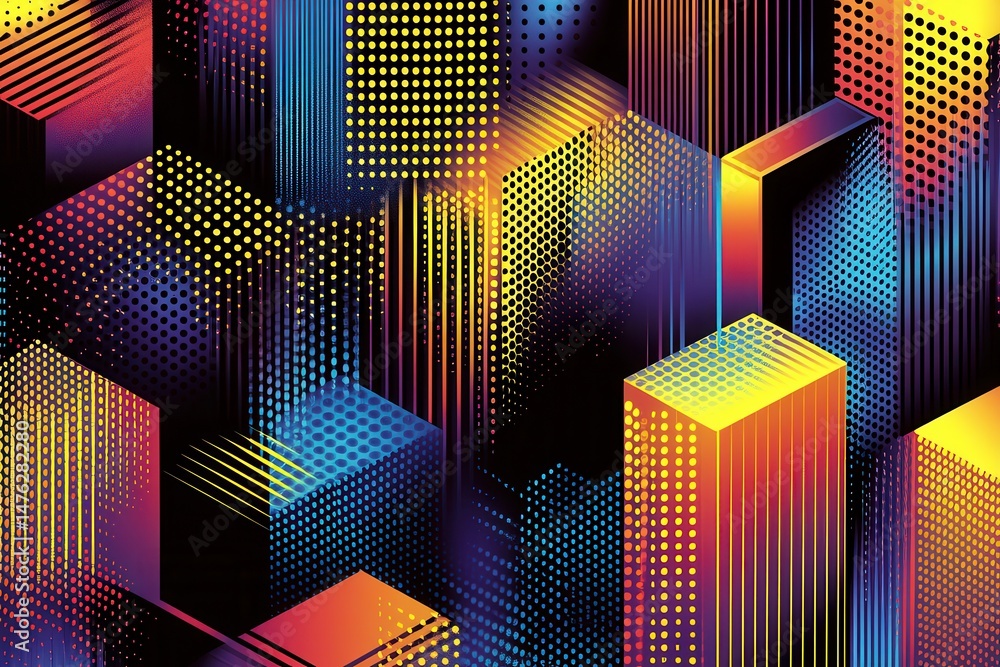 Poster vibrant geometric abstract design featuring colorful cubes and patterns against a dark background