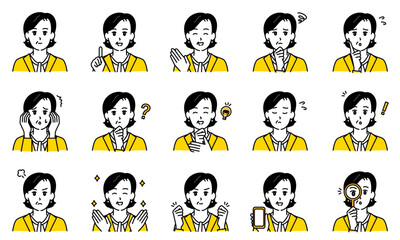 表情とポーズで感情を表すビジネスカジュアルな女性のイラストセット
