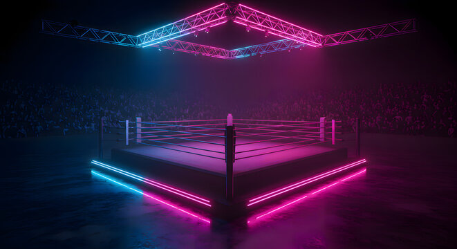 Boxing ring with glowing neon lights and a crowd