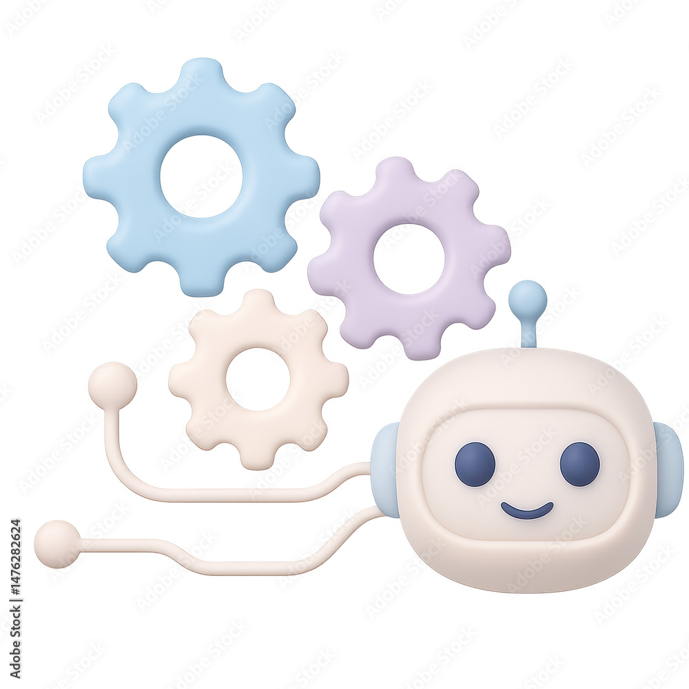Poster ai robot and cogwheels: a cute ai robot interacts with pastel-colored cogwheels, suggesting a world 