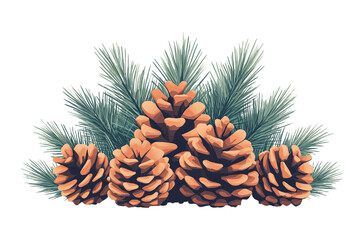 Fototapeta premium Collection of pine cones with evergreen needles, stylized illustration, transparent background.