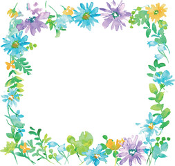 水彩画。水彩タッチのカラフルな春の花びらフレーム。色鮮やかな花のベクターイラスト。Watercolor. Colorful spring petals frame with watercolor touch. Vector illustration of colorful flowers.