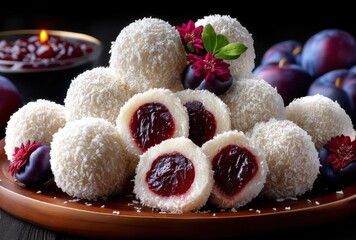 Sweet Coconut Treats with Fruit Filling Decorated with Fresh Plums and Flowers for a Delicious Food Presentation on a Wooden Platter