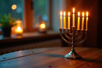 Eight-branched menorah ablaze, wooden table setting, blurred lights , happy, shine, flame