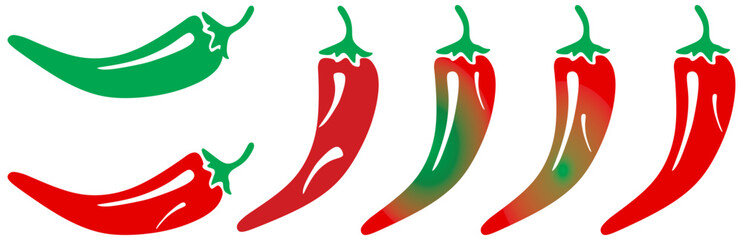 Red hot natural chilli pepper icons set. Vector Asian and Mexican spicy food and sauce. Spicy chilli pepper isolated on transparent background