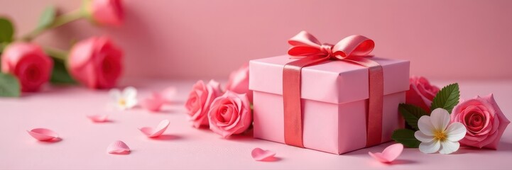 Obraz premium Elegant gift box with vibrant blooms on soft background, decoration, flowers, soft colors