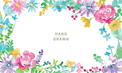 水彩画。水彩タッチのカラフルな春の花びらフレーム。色鮮やかな花のベクターイラスト。Watercolor. Colorful spring petals frame with watercolor touch. Vector illustration of colorful flowers.