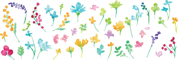 水彩画。水彩タッチのカラフルな春の花びらフレーム。色鮮やかな花のベクターイラスト。Watercolor. Colorful spring petals frame with watercolor touch. Vector illustration of colorful flowers.