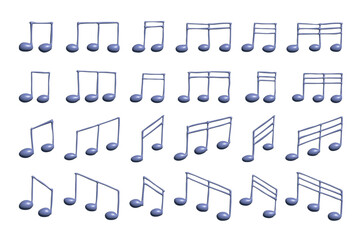 Set of 3d music note. Hand drawn musical symbol. Elements for print, web, design, decor, logo